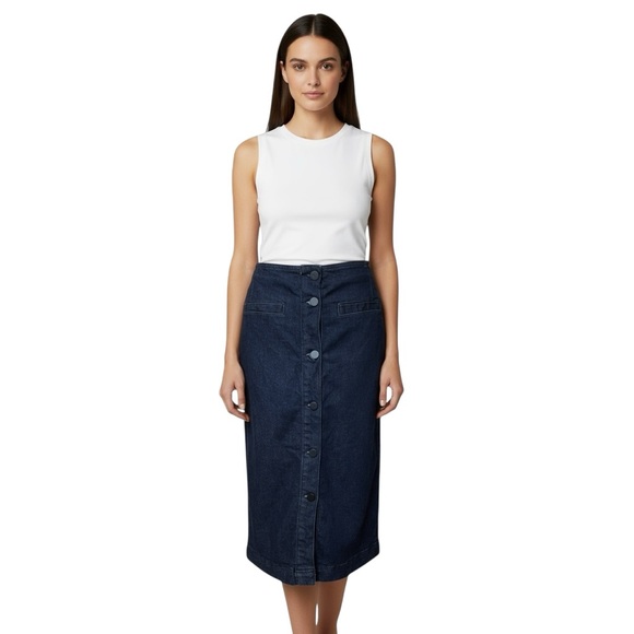 Jaeger Dark Wash Denim Button Front Midi Skirt UK 8 US Size 6 High Waist - Picture 1 of 8